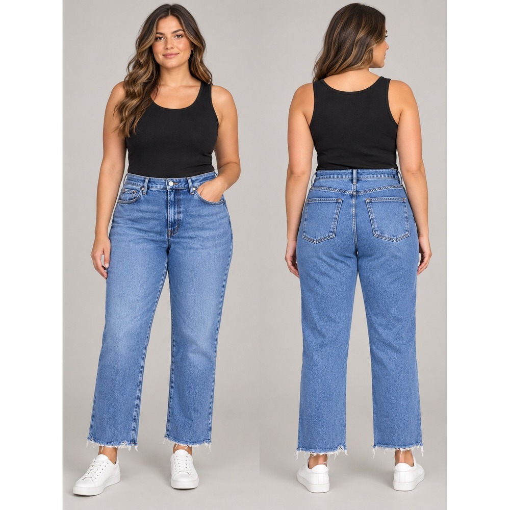 Good American Good 90s Jeans Womens 12/31 Blue High Rise Straight Raw Hem